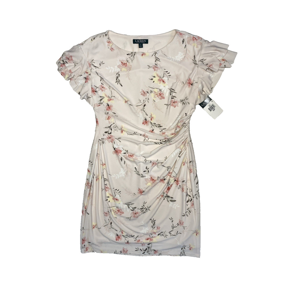 Ralph Lauren Womens 12P PETITE NEW Pink Floral Print Ruched Side LRL Party Dress